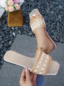 planare Women's Fashionable Elegant Square Toe Slip-On Flat Sandals In White & Brown, Suitable For Summer Daily Commute And Date Outfit - Platinum - View 2