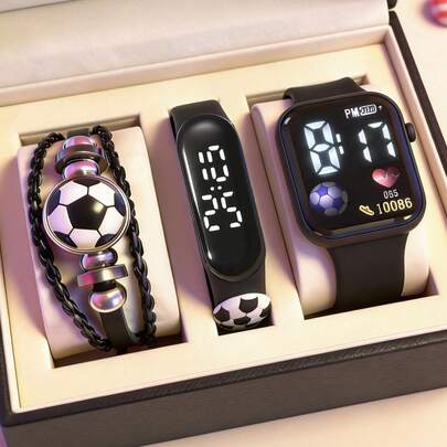 3pcs/Set Kids/Students Fashionable Cartoon Football Pattern Electronic Watch With Football Bracelet, Can Display Time & Date, Suitable As Birthday, Holiday, Christmas Gift
