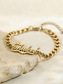 Customized Double Name Heart & Butterfly Pattern 5mm Cuban Link Anklet, Stainless Steel Adjustable Suitable For Women, Waterproof & Fade-Resistant Anklet, Birthday Gift For Her - Gold - View 4