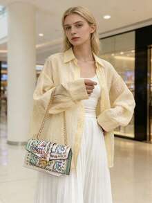 Letter Graffiti Colorblock Small Square Handbag, Chain Shoulder Bag, Lightweight & Versatile - White - View 5