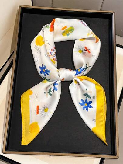 1pc Women's Bandana With Geometric & Cartoon Floral Print, Silk Scarf Headband Neck Tie Accessory, Suitable For Daily Use