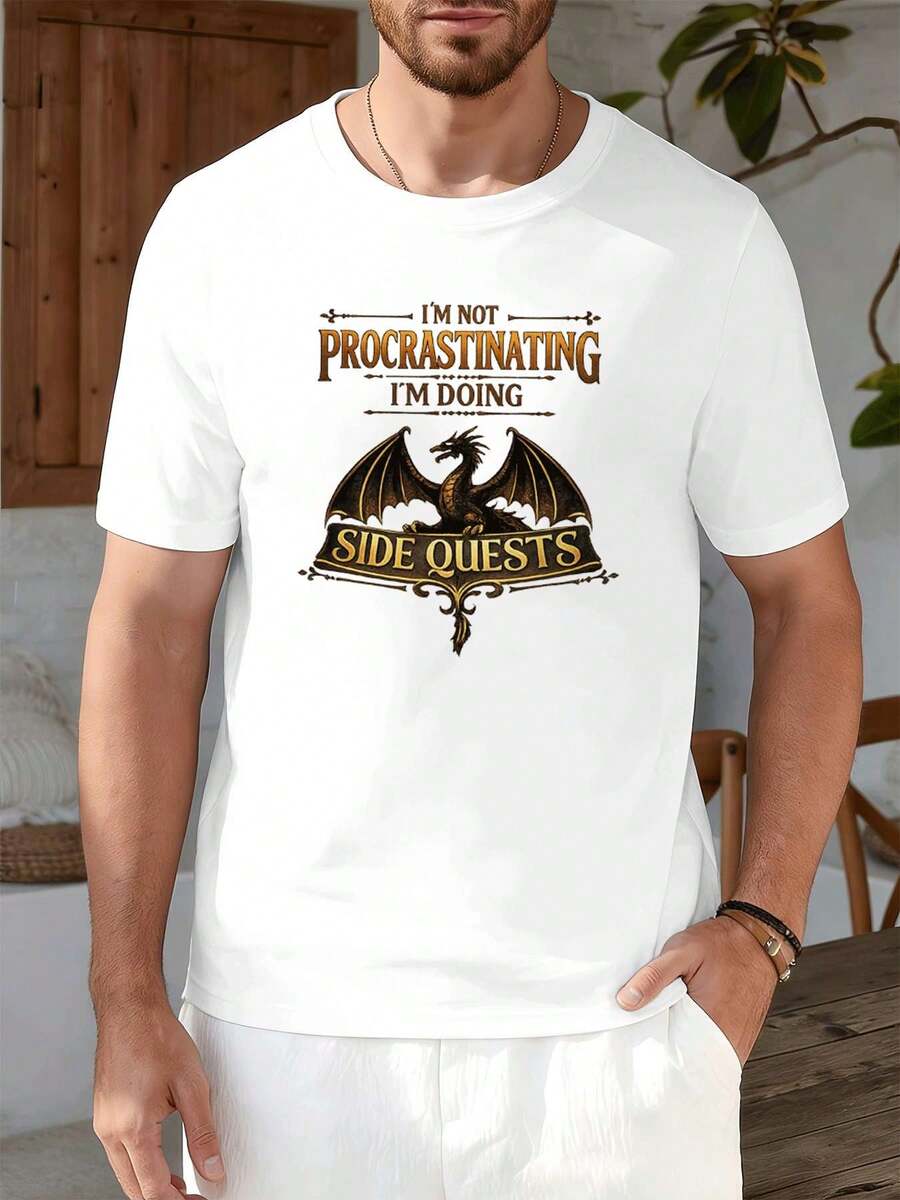 Maglietta SideQuest con grafica del drago da gamer, in cotone premium, girocollo, vestibilità ampia e comoda, con stampa grafica unica. - Bianco - Visualizzare 1
