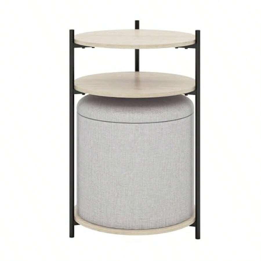 MU:4LIFE Estilo Kanso Mesa Auxiliar Mesa Lateral Redonda con Taburete Ottoman de Almacenamiento con Tapa para Hogar y Oficina Gris Claro y Natural 1565685 - Gris Claro y Natural - Ver 1