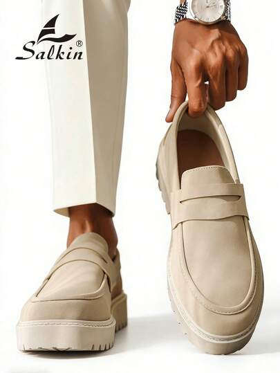 Salkin Designer Men's Loafers, Slip-On Casual Shoes, Thick Sole, Suede Leather Upper, Soft & Comfortable, Round Toe, Formal Dress Shoes, Rubber Sole, Suitable For Daily Wear, Dates, Parties, Weddings, Gifts. Note: Runs Small, Please Order One Size Up.