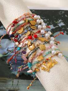 1件波西米亚风彩色铜镶嵌立方氧化锆昆虫肖像字母心形水果贝壳十字架西瓜仿珍珠编织手链，适合海滩、度假、日常、派对、母亲节礼物，送给朋友、姐妹、妈妈（吊坠尺寸：1-2厘米） - 彩色的 - 查看 8