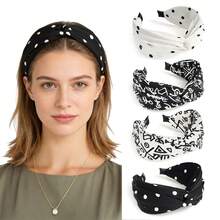 2 piezas Diademas bohemias de lunares blanco y negro, accesorios para el cabello elegantes con estampado de patrones geométricos anchos para mujeres, banda para el cabello, aro para el cabello, verano, vacaciones, viaje - Multicolor - Ver 1