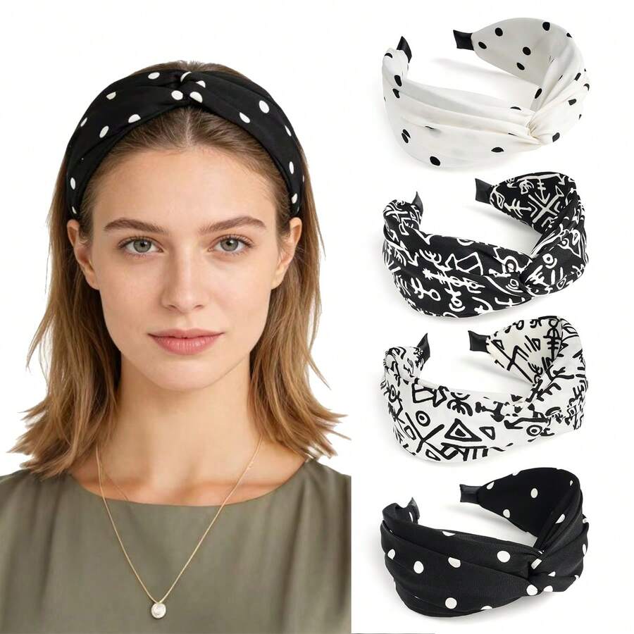 2 piezas Diademas bohemias de lunares blanco y negro, accesorios para el cabello elegantes con estampado de patrones geométricos anchos para mujeres, banda para el cabello, aro para el cabello, verano, vacaciones, viaje - Multicolor - Ver 1