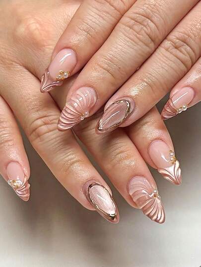 10 piezas de pegatinas de uñas hechas a mano, uñas cortas, uñas postizas, puntas de uñas francesas, uñas con forma de almendra, uñas rosa nude, uñas de estilo lujoso y delicado, uñas de ambiente refinado, uñas de primavera y verano, textura de concha 3D pintada a mano, degradado de purpurina y ribete dorado, decoración de perlas y cuentas doradas, incluye herramientas para uñas, adecuado para todas las ocasiones, fácil de aplicar y retirar, apto para mujeres y niñas con pegatinas de uñas con forma de almendra