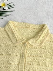 For Love & Bella Women's Casual Cute Single-Breasted Polo Collar Knit Cardigan And Shorts 2-Piece Set, Fashionable Hollow-Out Short Sleeve Street Style Summer Holiday Outfit, Suitable For Beach Dates, Holiday Afternoon Tea, And Home Wear Spring - Yellow - View 10