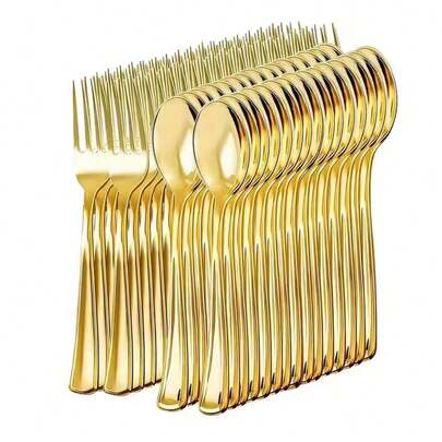 10/20pcs Gold Reusable Cutlery Set, Includes Forks, Spoons, Cake Forks, Dessert Spoons, Salad Forks, Pasta Forks & Spoons, Suitable For Birthday, Wedding, Party, Family Gathering, Team Building, Outdoor BBQ, Camping, Banquet, School Supplies, Graduation Ceremony, Holiday Party And More Occasions