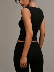 XLLAIS Summer Minimalist Solid Color Versatile Button Half-Placket Sleeveless Fitted Black Tank Top Casual - View 5