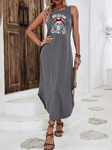 Graphic Print Sleeveless Tee Dress, Casual Tank Dress For Spring & Summer, Women's Clothing - 橘色 - 查看 3