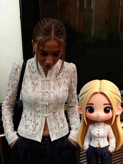 Women's Chic Y2K Daily Lace Crochet Stand Collar Fitted Semi-Sheer White Blouse, Elegant Puff Sleeve Design, Lace Hollow Button Details, Graceful Layering Top