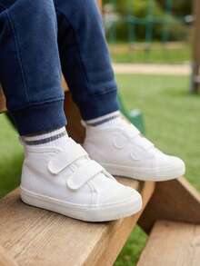 1 Pair Unisex Toddler Solid Canvas Sneakers Double Hook & Loop Closure Round Toe Low Top Flat Casual Shoes Classic Versatile Footwear For Kindergarten PE Class Daily Summer Walking Shoes - White - View 2