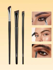 SEPROFE 3pcs Ultra Fine Eyeliner Brushes, Angled, Flat, Curved To Fit Eye Corner & Tail, Delicate Natural Look, High-Quality Wooden Handle, Ultra-Fine Fiber For Smooth, Uniform Eyeliner Application - Black - View 2