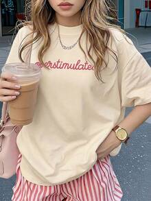 Kaos Wanita Lengan Pendek Kasual Kerah Bulat - Motif Cetak, Kain Lembut & Nyaman, Dapat Dicuci dengan Mesin, Atasan Musim Panas - Aprikot - View 2