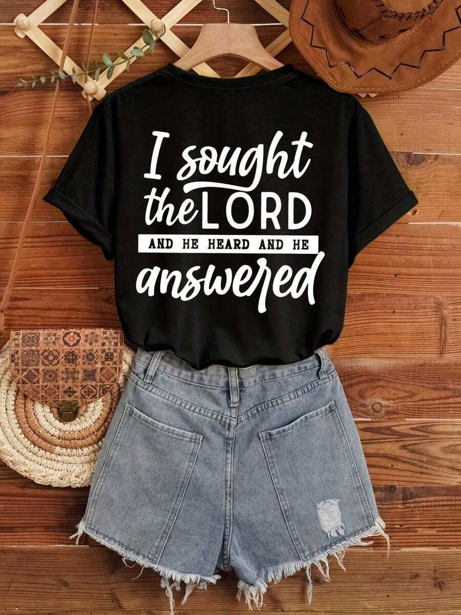 Oversize I Sought The Lord, And He Heard And Answered My Prayers. Faith-Inspired Printed Unisex T-Shirt, Christian Clothing With Religious Theme, 220 Grams (Single T-Shirt, Not A Set) - 黑色 - 查看 1