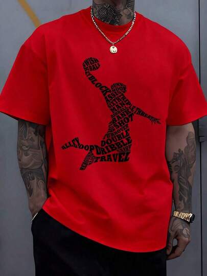 La figura formada por palabras relacionadas con el baloncesto simboliza pasión fuerza y movimiento libre reflejando el espíritu competitivo y la energía del juego perfecta para quienes viven con actitud deportiva camiseta de hombre talla grande 100% algodón