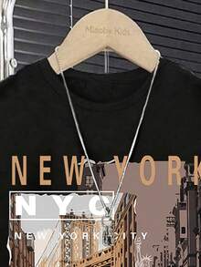 Conjunto casual diario de camiseta de manga corta con cuello redondo y estampado de letras, y pantalones cortos para niño pequeño - Negro - Ver 5