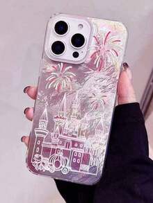 Pink Painted Graffiti 1pc Gradient Pink Fireworks Castle Holographic Pattern Phone Case, Fashionable Personalized Shockproof Fairy Tale Protective Cover, Compatible With IPhone17/Compatible With IPhone17 Pro Max/Compatible With IPhone16 Pro Max/Compatible With IPhone15 Pro/Compatible With IPhone14/Compatible With IPhone13/12/11, Can Be Given As A Gift To Family, Friends, Siblings, Or Partner Spring Birthday Gift - 1pc - View 2