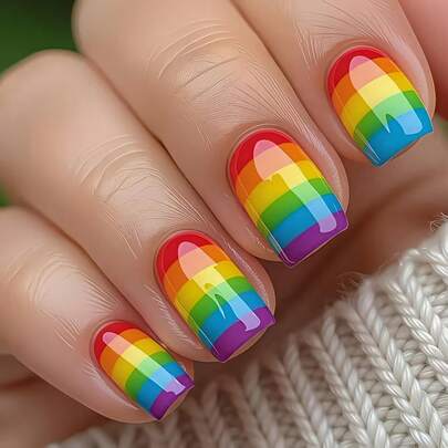 24 miếng dán móng tay ngắn họa tiết cầu vồng, hình dán móng tay sọc nhiều màu sắc dễ thương cho mùa hè, móng giả vuông dùng hàng ngày, dự tiệc, du lịch.