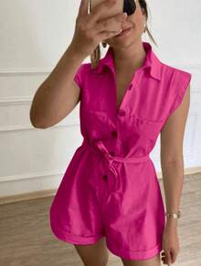 Women's Clothing/ Jumpsuit/Headband/Linen - 玫瑰紅 - 查看 2