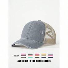 1pc Distressed Criss-Cross Ponytail Mesh Baseball Cap, Adjustable Outdoor Sun Protection Casual Hat, Suitable For Spring/Autumn, Travel, Beach, Y2K Style For Youth - D - 查看 3