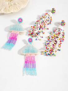 手工串珠水母造型耳环，渐变色串珠流苏耳坠，夏季时尚沙滩配饰 - 彩色 - 查看 5