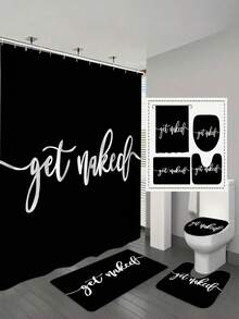 1/3/4 Pcs Black Printed Shower Curtain Set, Non-Slip Bath Mat, U-Shaped Toilet Mat, Toilet Lid Cover, Bathtub Curtain, Bathroom Accessories With 12 Hooks, Bathroom Home Decor, Shower Curtain Set, Bathroom Decor, Home Decor - A - View 4