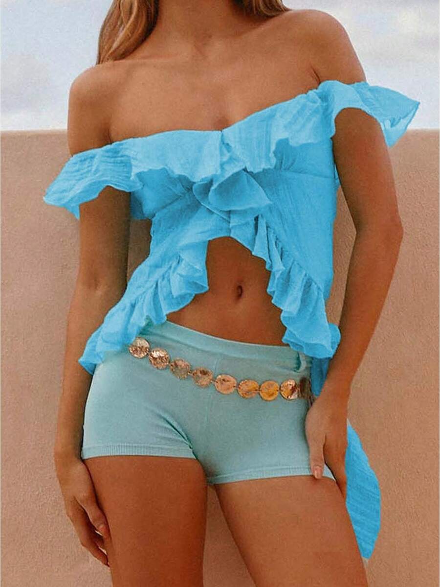 Women's Summer Off Shoulder Ruffle Trim Solid Color Backless Cropped Tops Soft Stretchy For Streetwear Daily Going Out Vacation - Blue - View 1