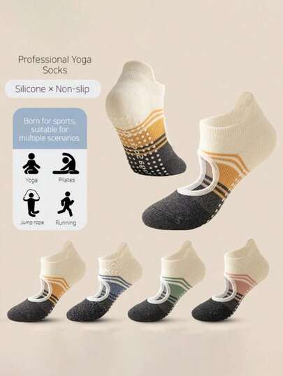 3 đôi tất yoga pilates hở gót phối màu dành cho nữ, tất cổ chân chống trượt bằng silicon đục lỗ, thích hợp cho phòng tập thể dục trong nhà, phòng tập nhảy, phòng tập yoga.