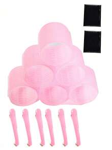 2.56 Inch 14pcs/Set Self-Adhesive Curler Set, Includes 6 Curlers And 6 Clips + 2 Bangs Clips, Salon Quality Curler For DIY Hairstyling, No Heat Curler - Pink - View 2