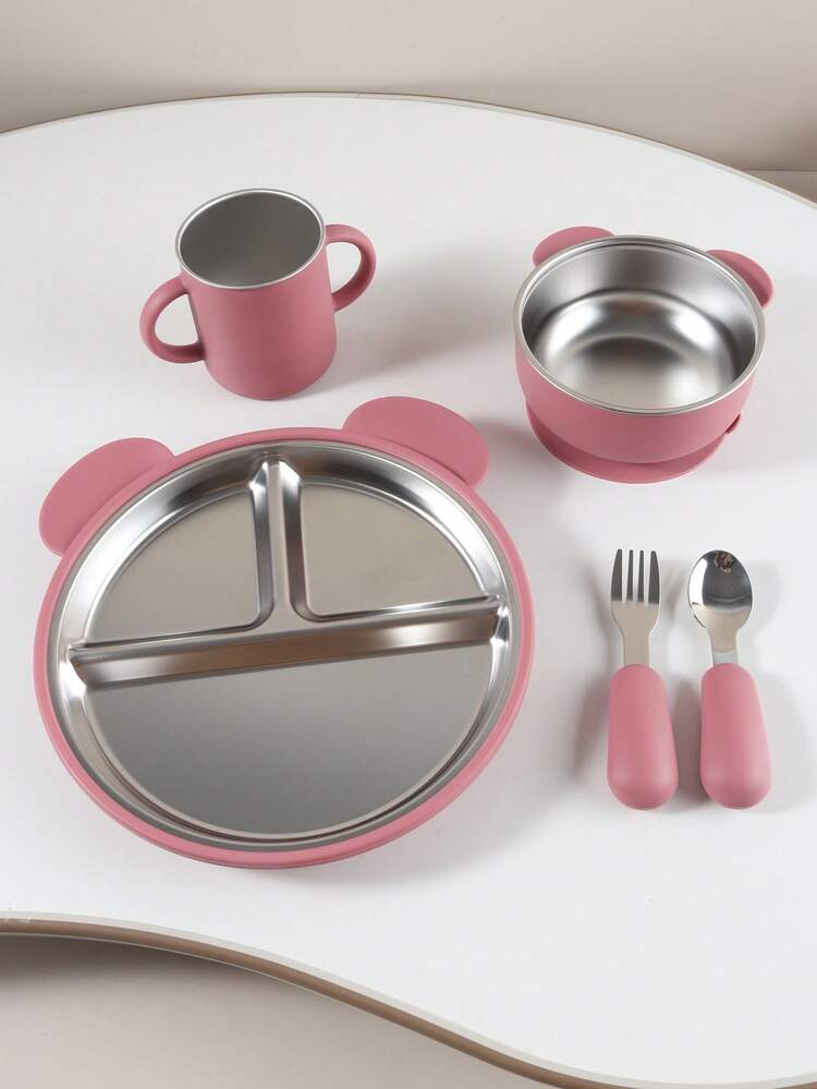 Juego de vajilla para bebé con forro de acero inoxidable y succión de silicona, que incluye tazón, taza, plato dividido, tenedor y cuchara - Multicolor - Añade 13