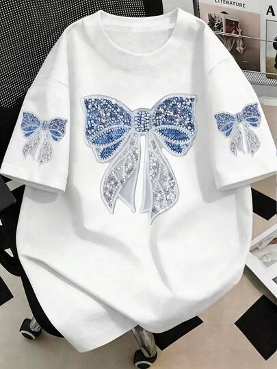 Elegant Big Blue Bow Sequin Embellished Short Sleeve Plus Size T-Shirt, Round Neck Regular Length Top
