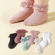6 Pairs Baby Girls' Lace Trim Colorful Striped Mid-Calf Princess Socks, Spring/Summer/Autumn - Multicolor - View 6
