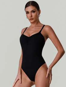 女士高弹力修身性感吊带露背连体衣休闲运动瑜伽舞蹈连体衣带胸垫 - 黑色 - 查看 6