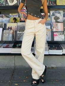 Women's Pocket Button Casual Versatile Daily Wear Flare Leg Jeans - Beige - View 6