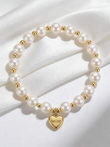 ZIRUISP 1pc Faux Pearl Beaded Bracelet For Women, Gold Stainless Steel MUM Heart Pendant Bracelet, Elastic Bracelet, Birthday Mother's Day Jewelry Fashion Accessories Gift For Mom - Heart-shaped Pearl Bracelet - View 6