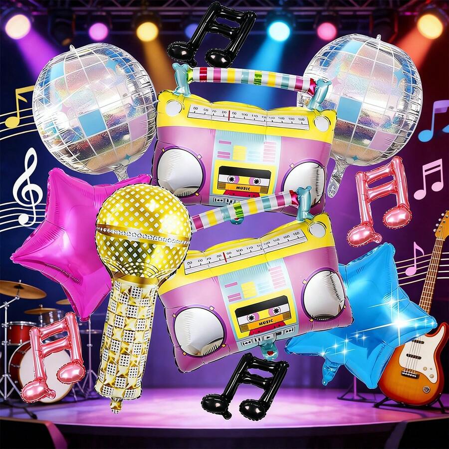 Set de 11 globos para fiesta musical, globo de micrófono dorado, globo de radio, globo de nota musical, accesorios de decoración para actuación musical, regalos para fiesta de los 80s y 90s, props para fotos, decoraciones para fiesta de cumpleaños de hip hop y discoteca, decoraciones para fiesta con tema de concierto musical, escenario de cosplay, decoración de cumpleaños, suministros para fiestas - Multicolor - Ver 1