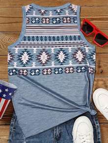 Women's Sleeveless Geometric Print Tank Top - Colorblock Abstract Art Design, Breathable Medium Stretch Fabric, Round Neck Casual Shirt, Summer Clothing White - White - View 2