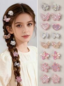 10 Stücke/Set Mädchen/Damen Perlen Herz/Blume/5-Blüten Blume/Schleife Haarspangen, süße und niedliche Strass verzierte Haarspangen, zufällige Farbe, für den täglichen Gebrauch - Verschiedenfarbig - Übersicht 7