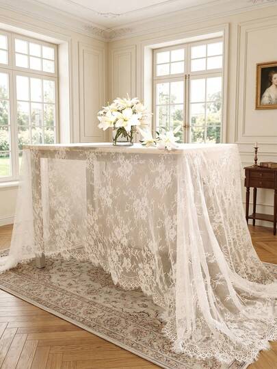 1pc White Lace Tablecloth Fabric Combination, With Tassel Edges And All-Over Lace Embroidery Design, Keywords: Lace Fabric, Tassel Lace, Embroidered Lace, Wedding Dress, Bridal Gown, Clothing Accessories, Tablecloth, Table Runner, Wedding Decor, Home Decor, White Lace, Wedding Ceremony, Mother's Day Gift, Father's Day Gift, Party Tablecloth