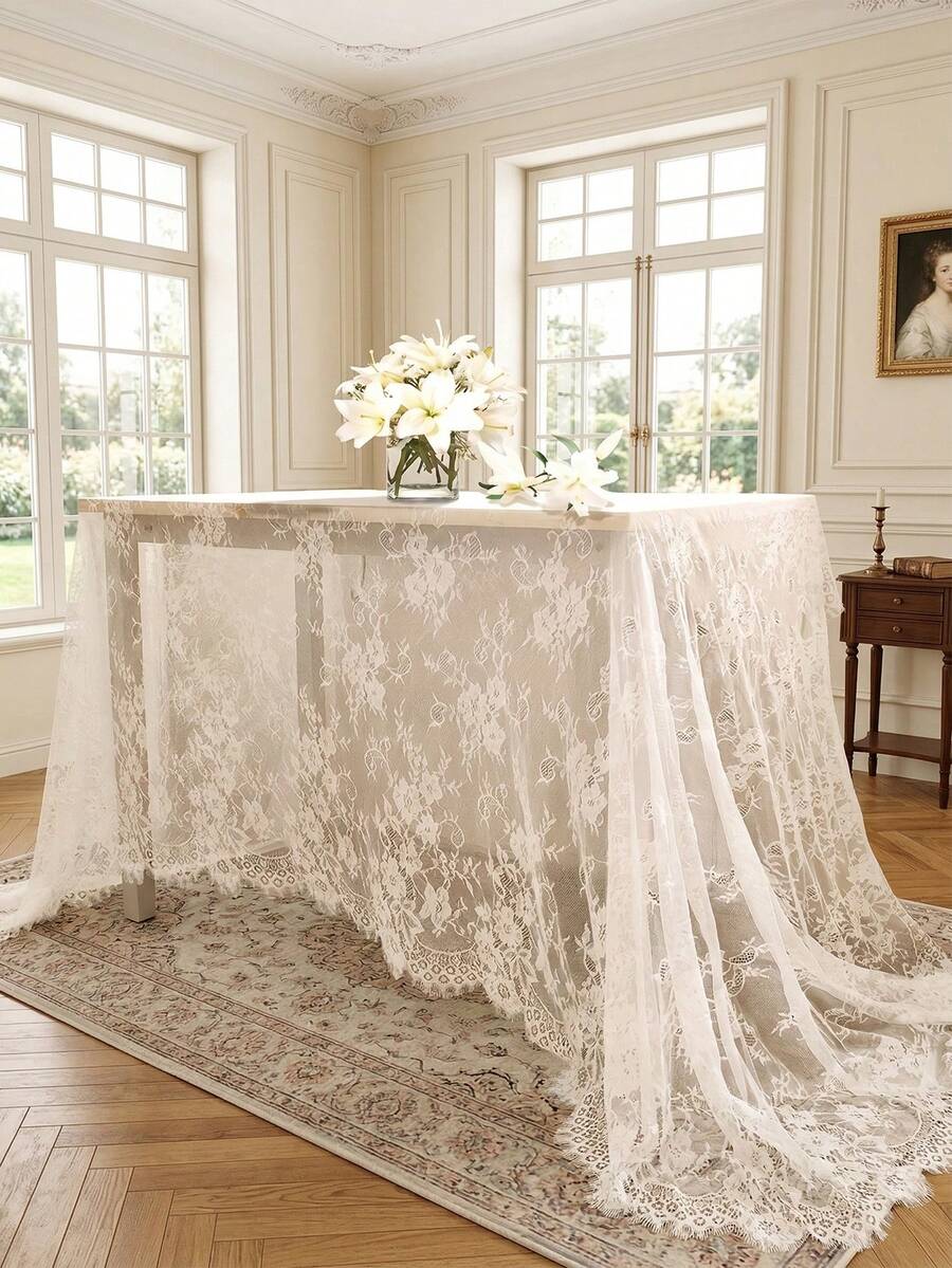 1pc White Lace Tablecloth Fabric Combination, With Tassel Edges And All-Over Lace Embroidery Design, Keywords: Lace Fabric, Tassel Lace, Embroidered Lace, Wedding Dress, Bridal Gown, Clothing Accessories, Tablecloth, Table Runner, Wedding Decor, Home Decor, White Lace, Wedding Ceremony, Mother's Day Gift, Father's Day Gift, Party Tablecloth - 001 - View 1