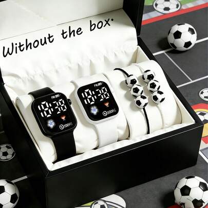 Bộ 4/1 đồng hồ điện tử LED kỹ thuật số thể thao thường ngày thời trang bóng đá cho bé trai, kèm dây đeo hình bóng đá, thích hợp làm quà tặng hàng ngày cho bạn bè/gia đình, quà sinh nhật/ngày lễ, trang trí tiệc/kỳ nghỉ, quà tặng Ngày của Cha/Lễ Phục Sinh/món quà hoàn hảo cho bé trai, phụ kiện thời trang cho bé trai.