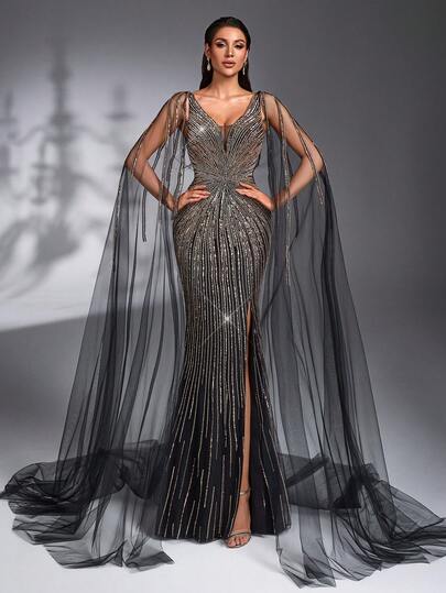 IBTRLY New Luxury Elegant Heavy Sequin Beaded Lace Splice Mesh Sleeve Backless High Slit Formal Gown For Party, Birthday, Prom, Red Carpet Events