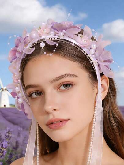 1pc Ethereal Flower Wreath Headband With Long Ribbons, New Fairy Style Non-Tight Flyaway Hair Accessory