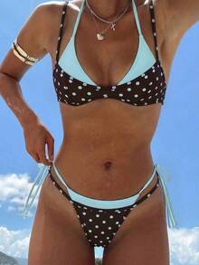 Women's Retro Polka Dot & Pork Chop Print Sexy Bikini Set, Light Blue & Brown Polka Dot Asymmetric A-Line Sleeveless Short Bikini, Suitable For Winter, Outings, Birthday, Casual, Millennium, Western Style, Nightclub, Beach Vacation Summer - 淺藍色 - 查看 11