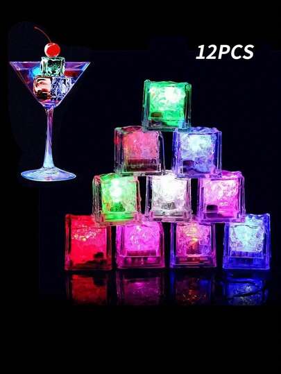 12个彩色LED冰块，遇水发光，可重复使用，适用于饮品，适合俱乐部、酒吧、派对、婚礼、装饰等场合。