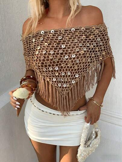 Women Sequin Tassel Hem Boho Crochet Shiny Cover Up Shawl, Suitable For Spring/Summer, Beach, Pool Party, Music Festival Vacation