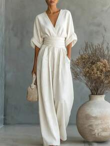 2026 Spring/Summer New Elegant V-Neck Jumpsuit For Women, Featuring A Cinched Waist Design And A Variety Of Colors To Choose From - 白色 - 查看 1